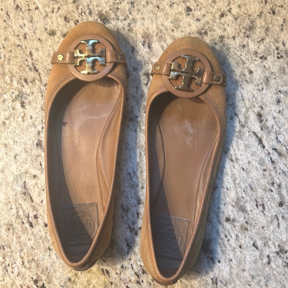 Tory Burch camel suede flats with gold signature Tory Burch details